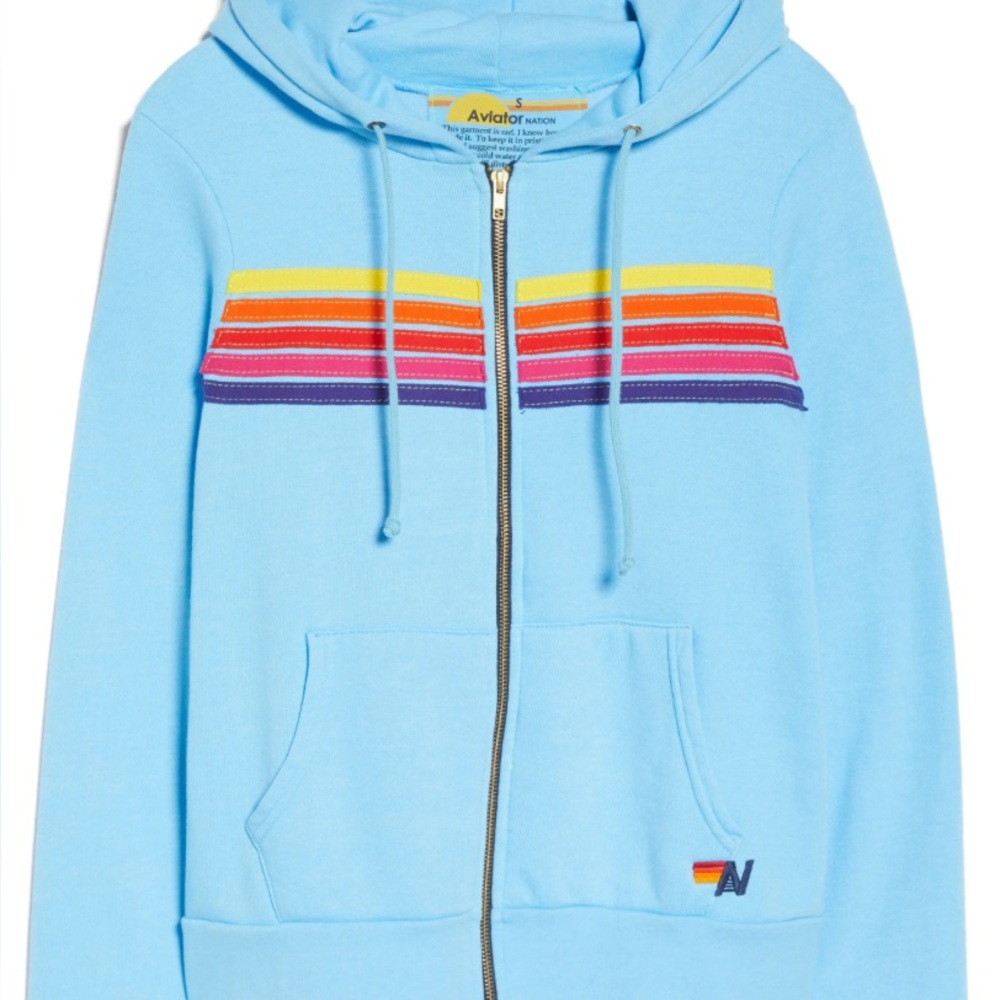 Aviator Nation Blue Hoodie with Red and Yellow Stripes